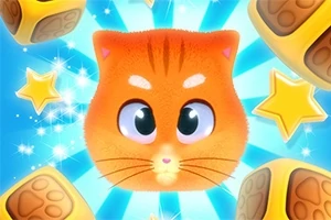 オレンジ色の猫の顔が中央にあり、周囲に星とブロックが散らばっているイラスト。