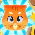 オレンジ色の猫の顔が中央にあり、周囲に星とブロックが散らばっているイラスト。