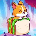 森の中でかわいいコーギーがサンドイッチに座っているイラスト。