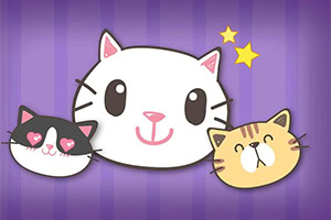 紫色の背景に3匹のかわいい猫のイラストが描かれている。