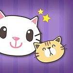 紫色の背景に3匹のかわいい猫のイラストが描かれている。