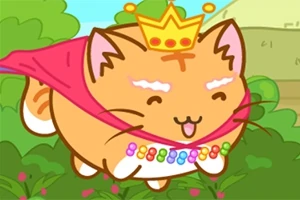 王冠とマントを身に着けた笑顔のオレンジ色の猫が、草むらの上を飛んでいるイラスト。