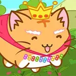 王冠とマントを身に着けた笑顔のオレンジ色の猫が、草むらの上を飛んでいるイラスト。