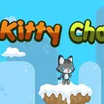 青空の背景に、小さな猫が雪の積もった高台に立っているイラスト。