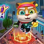 かわいらしい猫がコインを持ちながら街中を走っているカラフルなイラスト。