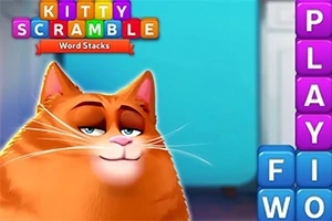 オレンジ色の猫が青い背景の前に立ち、右に積まれた文字ブロックがある。