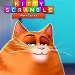 オレンジ色の猫が青い背景の前に立ち、右に積まれた文字ブロックがある。