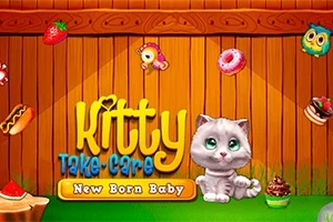 茶色い木の背景に、かわいい子猫とカラフルな食べ物やおもちゃが描かれています。