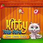 茶色い木の背景に、かわいい子猫とカラフルな食べ物やおもちゃが描かれています。
