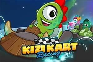 緑色のキャラクターがカートに乗っているイラスト、背景に他のカートも見える。