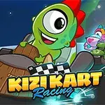 緑色のキャラクターがカートに乗っているイラスト、背景に他のカートも見える。