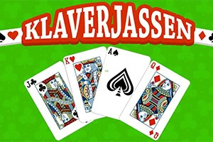緑色の背景に「KLAVERJASSEN」という文字と、ジャック、キング、エース、クイーンのトランプカードが並んでいる。