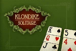 緑の背景に「KLONDIKE SOLITAIRE」の装飾されたロゴとトランプのキング、クイーン、ジャック、5、4のカードが表示されている。
