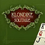 緑の背景に「KLONDIKE SOLITAIRE」の装飾されたロゴとトランプのキング、クイーン、ジャック、5、4のカードが表示されている。