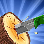 丸太に刺さる緑色の持ち手のナイフのイラスト。