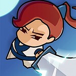 青い背景に、赤い髪をしたキャラクターが剣を振り下ろしているイラスト。