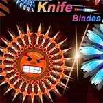 怒った顔のオレンジと青のキャラクターがナイフや刃の装飾とともに描かれているイラスト。