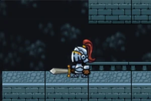 鎧を着た騎士が剣を持って暗い背景のレンガの通路を歩いている。