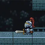 鎧を着た騎士が剣を持って暗い背景のレンガの通路を歩いている。