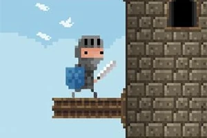 青空の下、騎士が剣と盾を持ち城の外壁に立っているドット絵風イラスト。