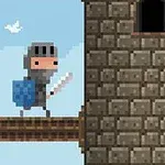 青空の下、騎士が剣と盾を持ち城の外壁に立っているドット絵風イラスト。