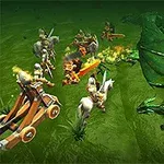 緑のドラゴンに立ち向かう騎士たちとカタパルトが描かれたファンタジー風の戦闘シーン。