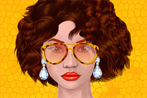 大きなサングラスとイヤリングをつけたショートカーリーヘアの女性のイラスト。