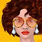 大きなサングラスとイヤリングをつけたショートカーリーヘアの女性のイラスト。