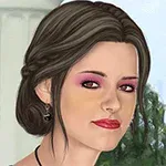 若い女性が自然背景の前で微笑んでいる肖像画。