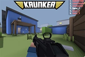 一人称視点で銃を構えたキャラクターが、青い家のある屋外エリアを探索しているシーン。