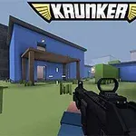 一人称視点で銃を構えたキャラクターが、青い家のある屋外エリアを探索しているシーン。
