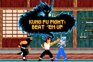赤い帯を持ったキャラクターが道場で黒と青の衣装を着た相手と戦っているドット絵のシーン。