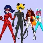 赤いスーツを着たテントウムシのヒーローを中心に、様々な特徴を持つスーパーヒーローたちが並んでいるイラスト。