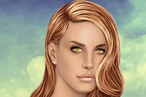 金色の目を持つ、長いブロンドの髪の女性のイラスト。