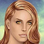 金色の目を持つ、長いブロンドの髪の女性のイラスト。