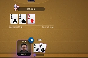 ポーカーのテーブルにカードとチップが置かれ、プレイヤーの個人アイコンと手札が表示されている。