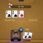 ポーカーのテーブルにカードとチップが置かれ、プレイヤーの個人アイコンと手札が表示されている。