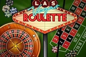 ルーレットホイールとチップが置かれたカジノテーブルに「Las Vegas Roulette」の看板がある。
