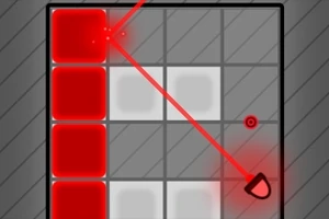 赤いレーザーが赤いブロックに当たるパズルボード。