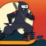 サーフボードに乗った忍者が、後ろに満月とシルエットの城を背景にポーズをとっているイラスト。