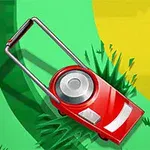 赤い芝刈り機が緑と黄色の地面の上に置かれているイラスト。