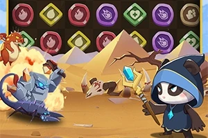 砂漠の中でローブを着たキャラクターが杖を持ち、クリスタルの敵と対峙するシーン。