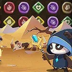 砂漠の中でローブを着たキャラクターが杖を持ち、クリスタルの敵と対峙するシーン。