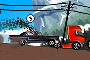 黒いクラシックカーがオレンジ色のトラックにぶつかり、背景に山と電柱があるイラスト。