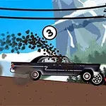 黒いクラシックカーがオレンジ色のトラックにぶつかり、背景に山と電柱があるイラスト。