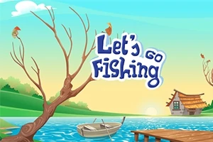 湖畔の桟橋と小舟、木に止まる鳥、その上に「Lets Go Fishing」と書かれたカラフルな文字。
