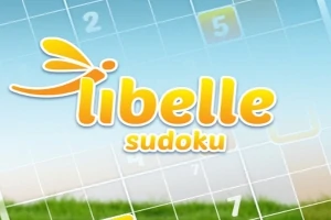 水色の背景に黄色い「libelle sudoku」の文字と、数字が描かれたグリッドのデザイン。