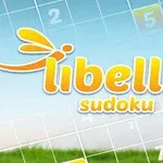水色の背景に黄色い「libelle sudoku」の文字と、数字が描かれたグリッドのデザイン。