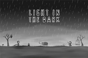 雨の中、シルエットの木と人、虫、鳥かごが並ぶモノクロの風景。