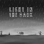 雨の中、シルエットの木と人、虫、鳥かごが並ぶモノクロの風景。